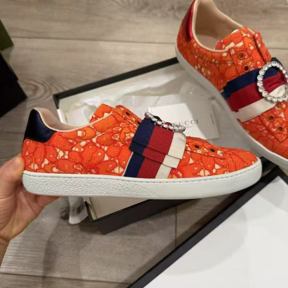 NIB Authentic Gucci Orange Lace Ace Web Crystal Embellished Sneaker